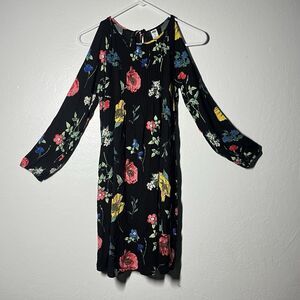 Old Navy Cold Shoulder Dress Size XS Black Floral Print Midi Pleated Long Sleeve